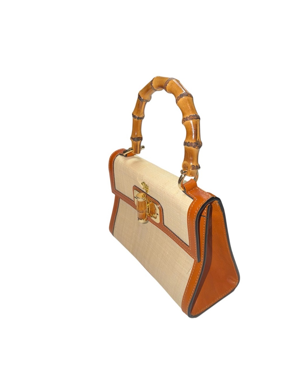 Pratesi Firenze Italy Bamboo Handle Leather Linen Top Handle Satchel Handbag Mad - Picture 3 of 9